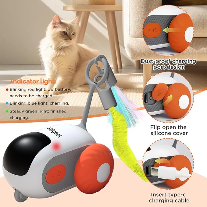 Turbo Tail 3.0 Interactive Cat Toy - Smart Remote Control Electric Mouse with Feathers, 3 Play Modes (Smart/Manual/Standby), Auto Obstacle Avoidance, Type-C, 8H Playtime - Blue & Orange
