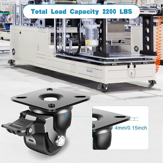 Nefish 2-Inch Heavy Duty Casters Set of 4, Industrial Grade Castors Wheels 2200 LBS, Low Gravity Plate Swivel Caster with Brake, Durable & Corrosion-Resistant Nylon Wheels for Industrial, Equipment