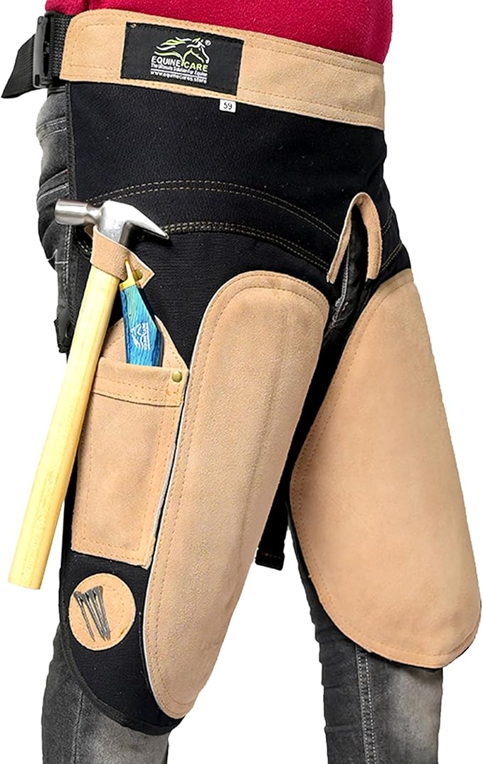 Equine Care Farrier Apron Chaps – 2mm Cowhide Suede Leather, 500 GSM Canvas, 23" Length, Adjustable Waist (28–52"), Ambidextrous Knife Pockets, Magnets & Loops – Horseshoeing & Hoof Trimming.