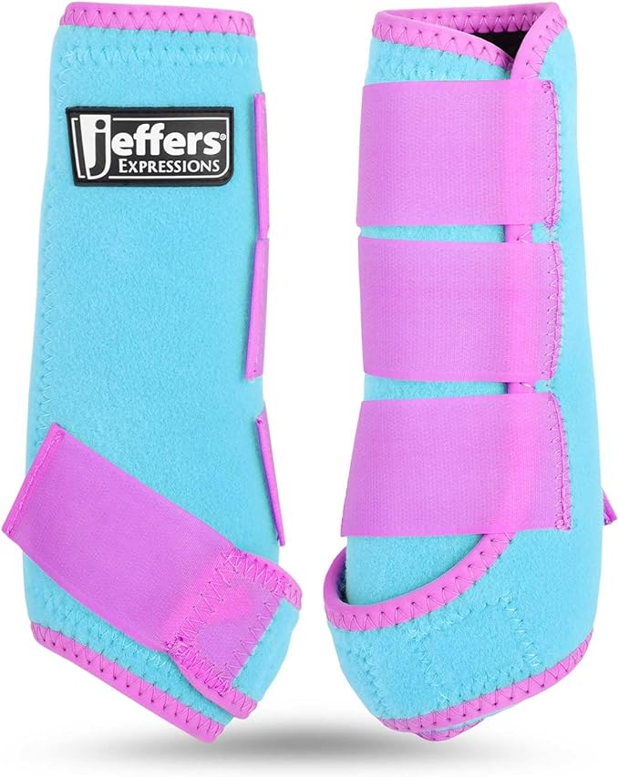 Jeffers Expression Neon Protective Horse Boots, 1 Pair, Turquoise & Purple – Breathable Neoprene, Secure Straps Closures – Durable Protection for Front & Hind Legs, Trail & Riding Use - Medium