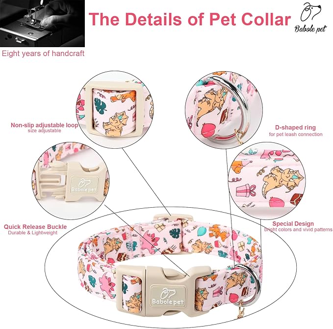 Cute Dinosaur Dog Collar, Adjustable Pink Dino Dog Collars for Small Dogs, Lightweight Quick-Release Buckle Birthday Collar for Boy&Girl Dogs S
