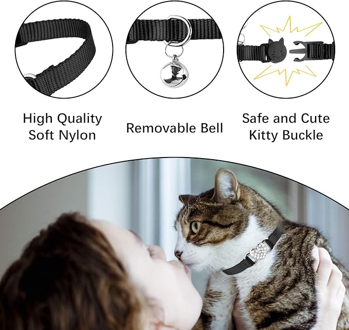 2 Pcs Cat Collars Heart Bling Breakaway with Bell Nylon Adjustable for Kitty(Black+Pink)