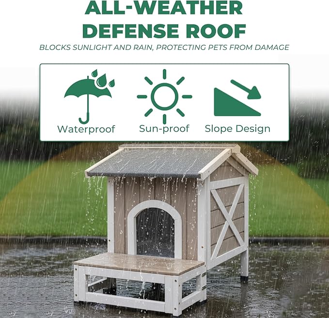Small Insulated Cat House, Wood Outdoor Cat House Weatherproof with Cat Scratching Cloth, 2 Doors, Balcony, Outside Indoor Clawsable Pet Houses Feral Cats Shelter for Winter, Grey