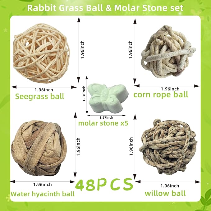 48PCS Rabbit Grass Balls 1.96in Guinea Pig Balls Small Animal Activity Enrichment Toy for Bunny Chinchilla Hamster Gerbil Grinding Playing