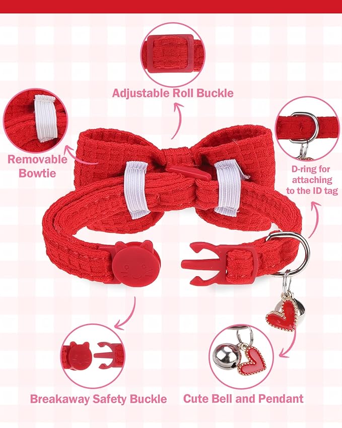 Cat Collar Breakaway with Bells, Soft Cotton Pink Cat Bowtie Collar for Girl Cats, Small Cats Collar with Bow for Spring Summer, 2 Pack Cute Kitten Collars with Removable Bowtie 8-12Inch