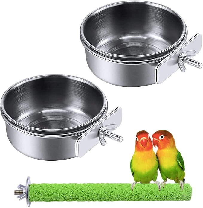 PINVNBY Parrot Feeding Dish Cups,Stainless Stee Bird Feeder Birds Food Water Bowls with Clamp Holder,Parakeet Cage Dish Perch Stand Toys(3 Pcs)