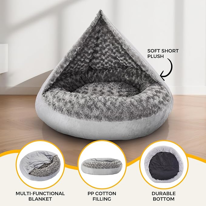 Small Dog Bed with Blanket Removable Cover Cave Washable Cat Pet Bed for Crate Toy Puppy Donut Round Pad Plush Cozy Anti-Slip Bottom Gray 23X23X7 inch