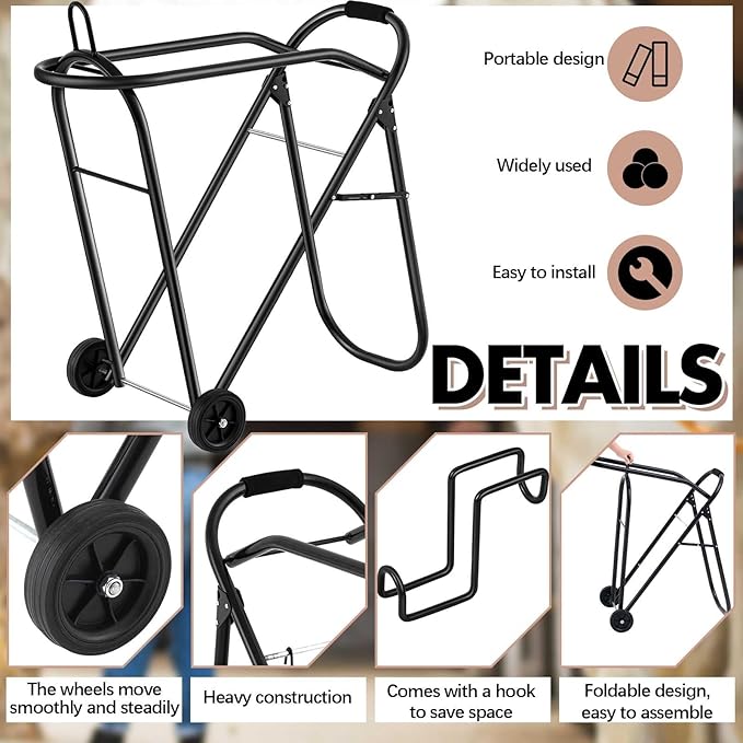 Horse Saddle Tack Cart with Wheels, Rolling Iron Heavy Duty Saddle Wheeler with Hooks Foldable Horse Equipments Stable Storage Tool for Moving Transport Essential Organizer Supplies