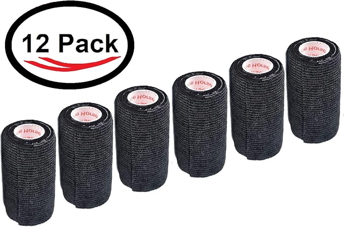 3 Inch Vet Wrap Tape Bulk (Black) (Pack of 12) Self Adhesive Adherent Adhering Flex Bandage Grip Roll for Dog Cat Pet Horse