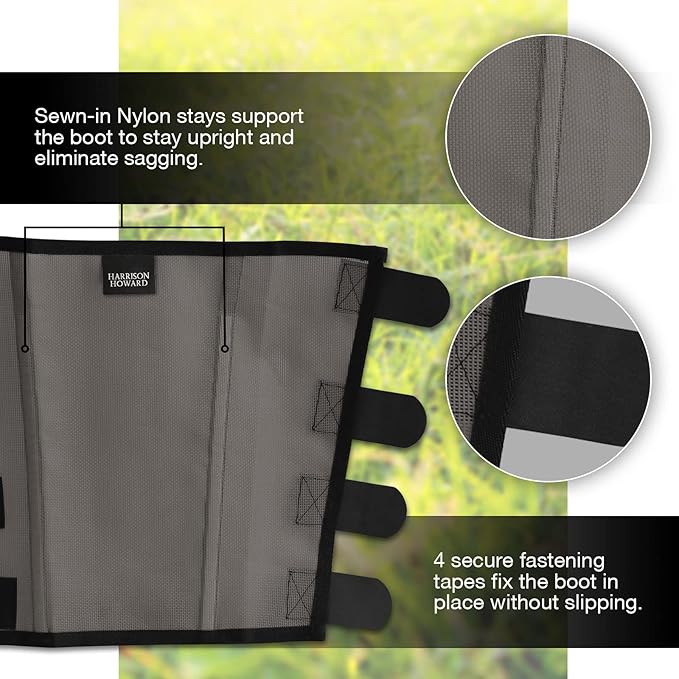 Harrison Howard Loose Fitting Fly Boots UV-Protective Extra Tough Mesh Ventilated Four Fasteners Stay-on Design Protect Horse Legs & Stomp-Reducing Set of 4 Dark Grey Large