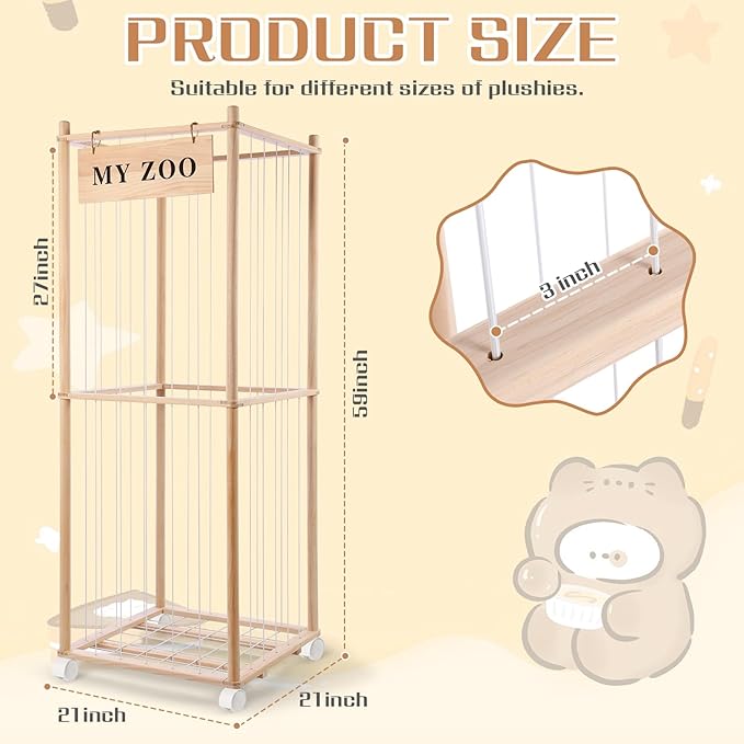 Stuffed Animal Storage Zoo with Wheels, Wooden Stuffed Animal Organizer with Elastic Cords, Space Saving Toy Plushies Storage Holder for Playroom, Bedroom, Living Room(Burlywood, Large)