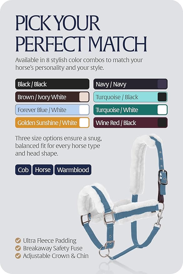 Equinavia Valkyrie Ultra Fleece Breakaway Horse Halter | Padded Fleece Adjustable Safety Halter with Nylon Webbing - Forever Blue/White - Warmblood