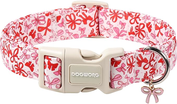 DOGWONG Cute Dog Collar, Pink Bow Pattern Dog Collar, Girl Female Dog Collars with Strong Plastic Buckle for Large Dogs,XL