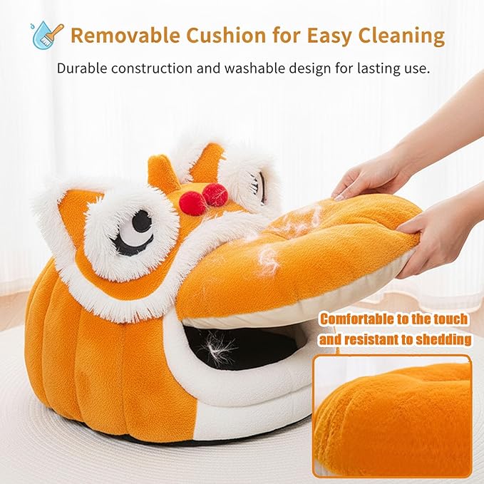 Cute Lion Head Pet Beds for Cats, Chinese Lion Dance Lion Cats Bed, Soft Cozy Plush Cat House & Dog Cave with Cushion for Small Medium Cats Dogs (Brown,M)