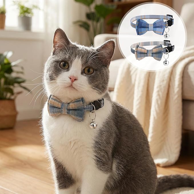 2Pcs Cat Collar Breakaway, Cute Plaid Cats Collar with Bells Soft Adjustable Kitten Accessories, Cat Bowtie Collar with Cat Buckle for Kitten Puppy and Small Pets