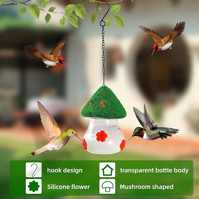 Hummingbird Feeders for Outdoors Hanging - Mushroom House Shape Bird Drinker, Water Resistant Leak Proof,Garden Birds Watching Patio Decoration with 3 Silicone Flower Feeding Ports (red Flower)