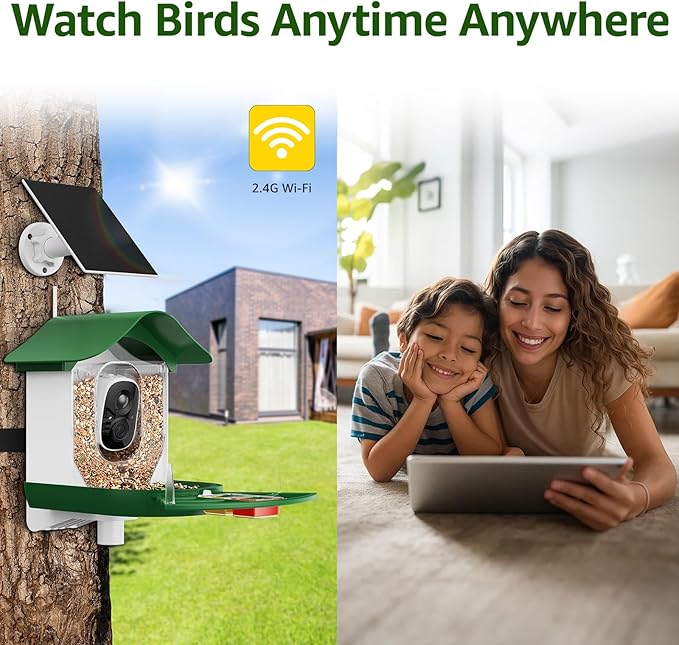 PeckCam® Smart Bird Feeder with Camera 2K HD Auto Detect & Notify, AI Identify 10000+ Birds Camera with Solar Panel 5 Perch Attachments Wireless Outdoor Birdwatching Gift for Birds Lover, Green