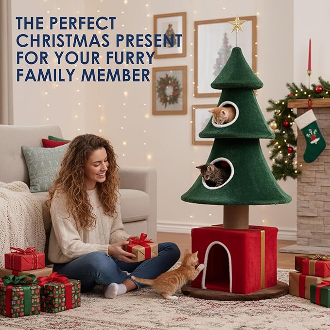 60" Tall Christmas Cat Tree with Three Entrances, Stable Christmas Cat Tower with Scratching Posts and Gift Box, for Indoor Cats (60" Tall)