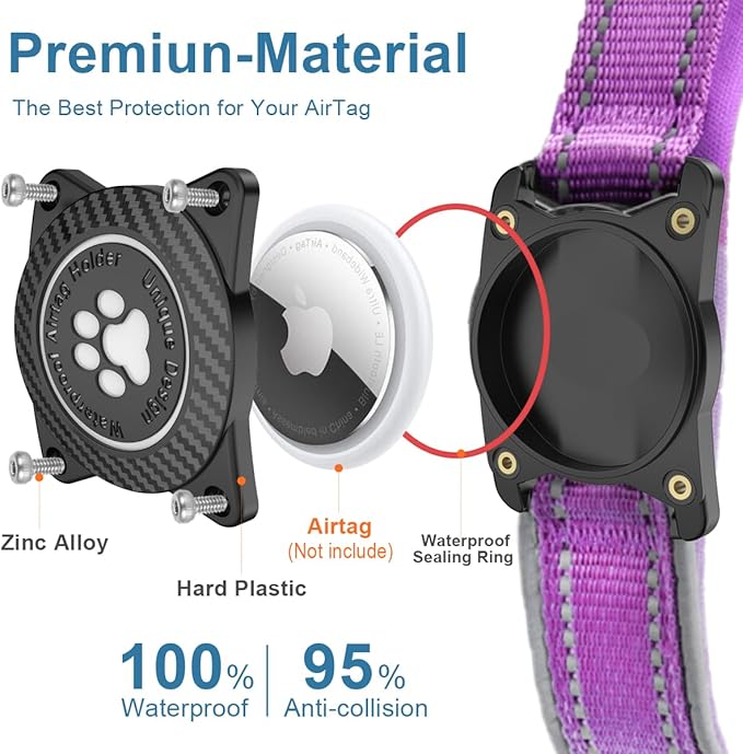 Airtag Dog Collar with Waterproof Air Tag Holder, Luminous Reflective, Soft Padded, Adjustable Nylon Pet Collar for Small Medium Large Heavy Duty Dogs,Purple, XL