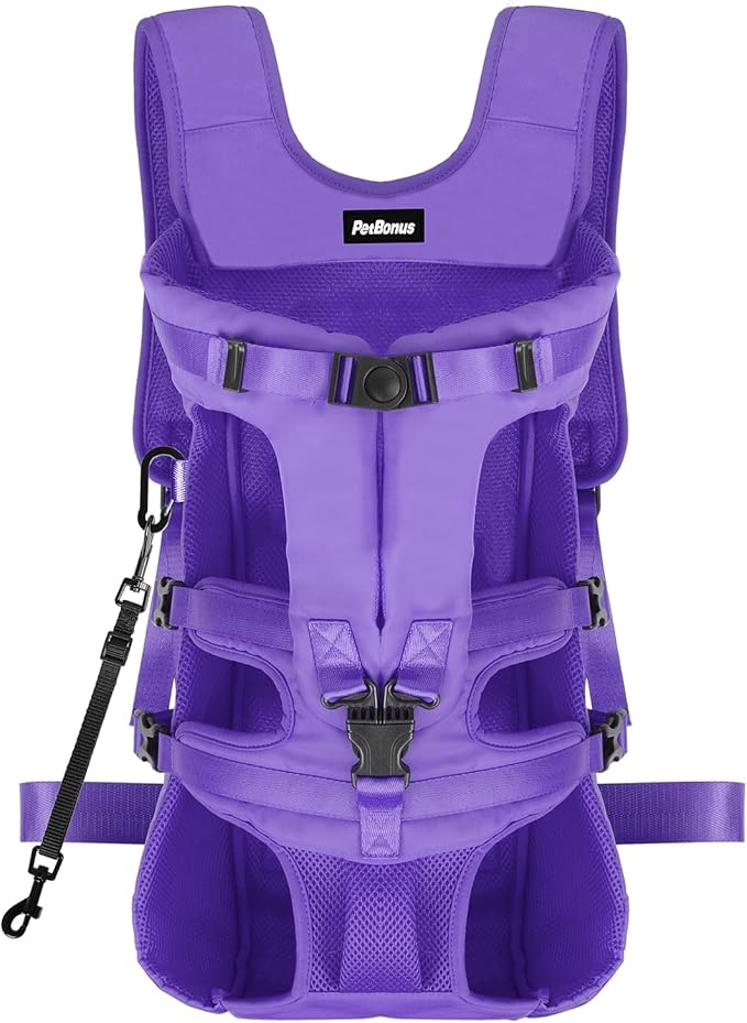 PetBonus Pet Front Dog Carrier Backpacks, Adjustable Pet Backpack, Legs Out Easy-fit Puppy Chest Carrier for Medium Small Dogs, Hands Free for Hiking, Cycling (Purple, L)