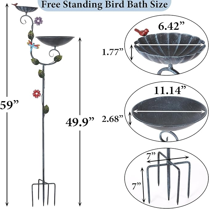 Bird Baths, 58" Tall Bird Bath and Feeder Stake, Standing Bird Baths for Outdoors, Metal Decorative Birdbaths and Feeders Combo for The Garden, 2 in 1 Outside Birdbath with 5-Prong Stake