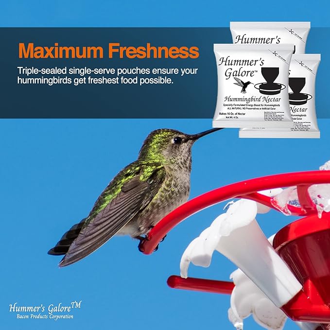 Hummer's Galore Made in USA Hummingbird Food - Ready-to-Mix Hummingbird Nectar, All-Natural Nectar Collector Formula, No Preservatives or Dyes, Makes 64 Ounces (4 Packets Included)