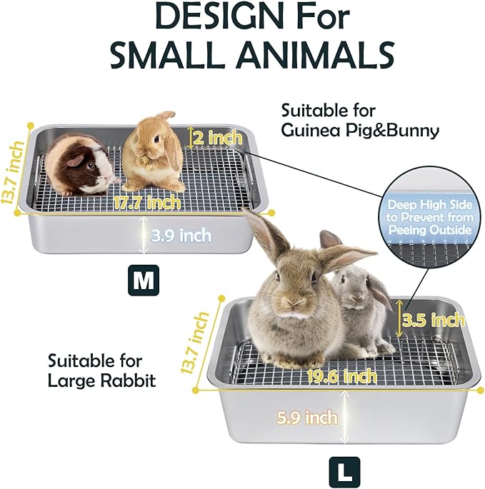 MEEXPAWS Rabbit Litter Box Stainless Steel, Large Bunny Litter Box with Raised Grid and Washable Pee Pad, Metal Litter Pan High Side for Rabbit,Small Animal Toilet Potty Tray Easy Cleaning,Less Stink