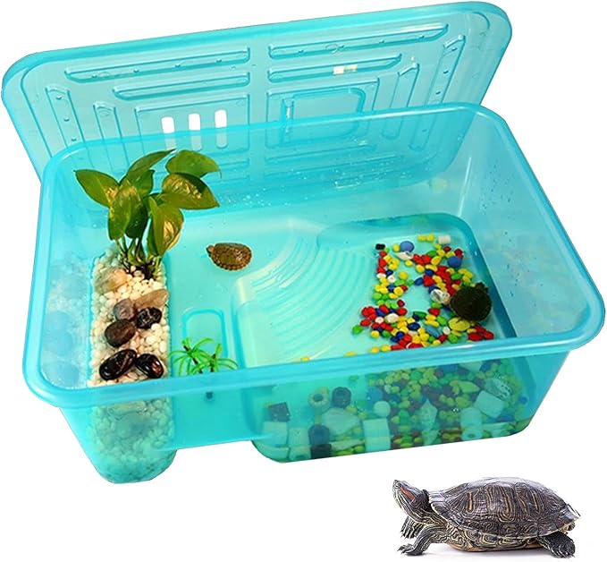 kathson Turtle Tank Aquarium, Turtle Habitat Reptile Plastic Terrarium Safe Durable, Tortoise Tank with Lid Prevent from Climbing Escaping (Small)