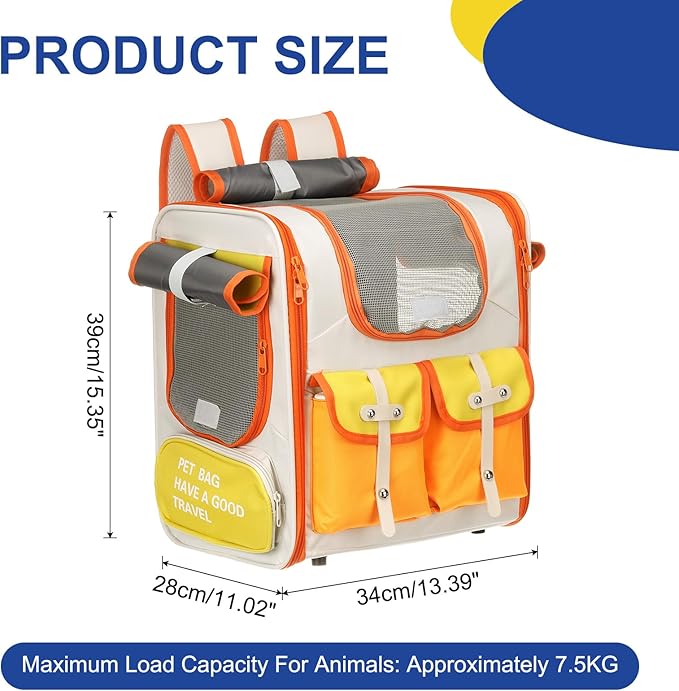 Pet Backpack Carrier, Portable and Ventilated, Oxford Cloth, Dogs Cats and Small Animals Travel Bag 13.39", (Beige, White, Orange, 1 Pcs), Intended for Hiking/Camping/Traveling