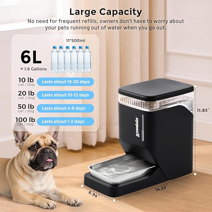 Gravity Cat Water Dispenser 6L with Stainless Steel Bowl, Automatic Water Bowl Dispenser for Cats, 1.6 Gallon Pet Waterer 100% BPA Free, Black