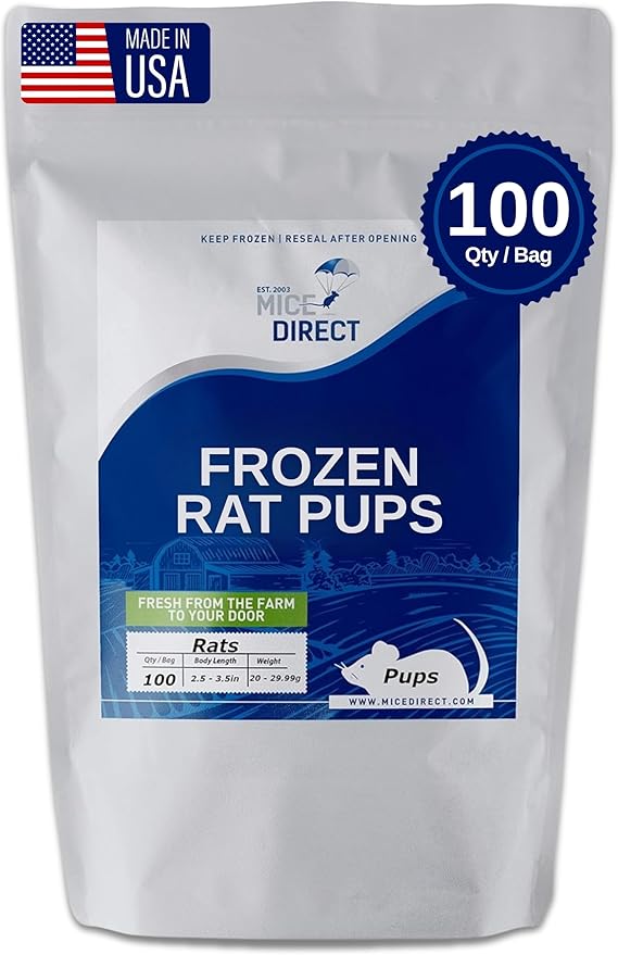MiceDirect Frozen Rat Pups Feeder Food Adult Corn Snakes Juvenile Adult Ball Pythons Monitor Lizard (100 Count)