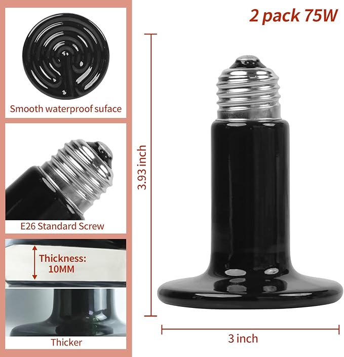 75W Ceramic Heat Emitter (2 Pack), Reptile Heat Lamp Bulbs, Ceramic Heater for Amphibian, Pet Brooder Coop, Chicken, Dog