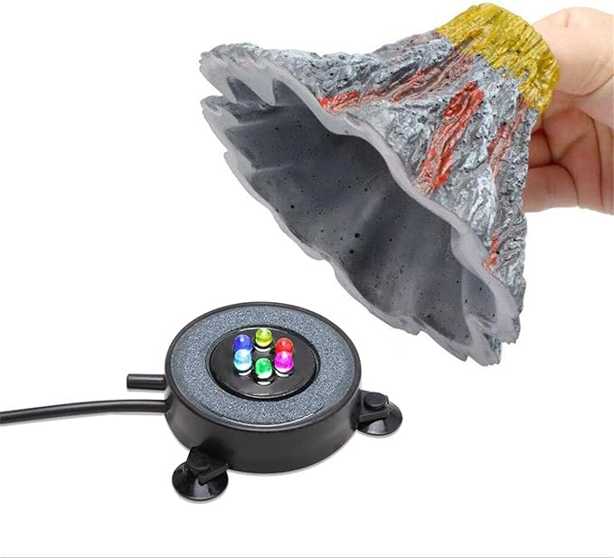 Aquarium Volcano Decoration Set Fish Tank Bubble Decorations, Air Stone with Air Pump, Aquarium Ambient Light with 6 LEDs, Bubble Stone Bubbler Volcano Shape Set