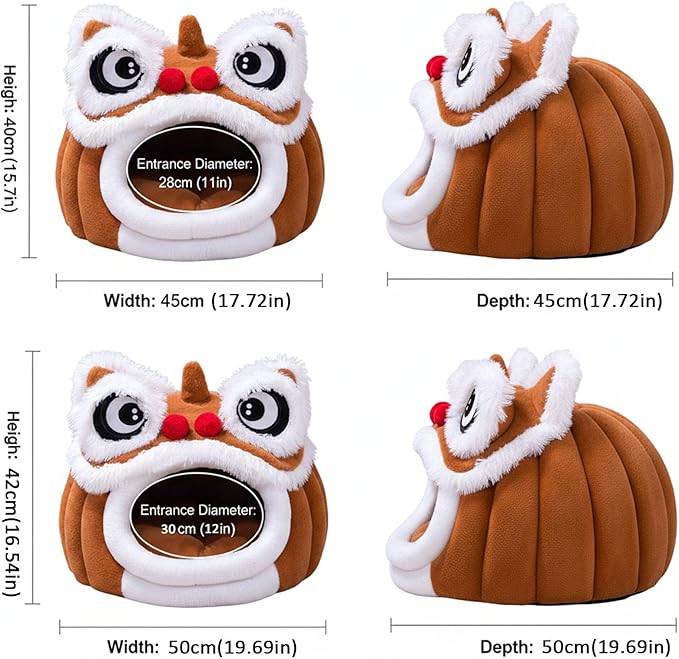 Cute Lion Head Pet Beds for Cats, Chinese Lion Dance Lion Cats Bed, Soft Cozy Plush Cat House & Dog Cave with Cushion for Small Medium Cats Dogs (Brown,M)
