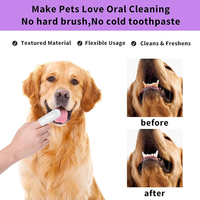 YUHUF-2Packs Teeth Cleaning Finger Wipes for Dogs & Cats, Pet Dental Care by Reducing Plaque and Tartar Remove Bad Breath, Disposable Gentle Gum Care Pet Wipes, (50 Count x2)