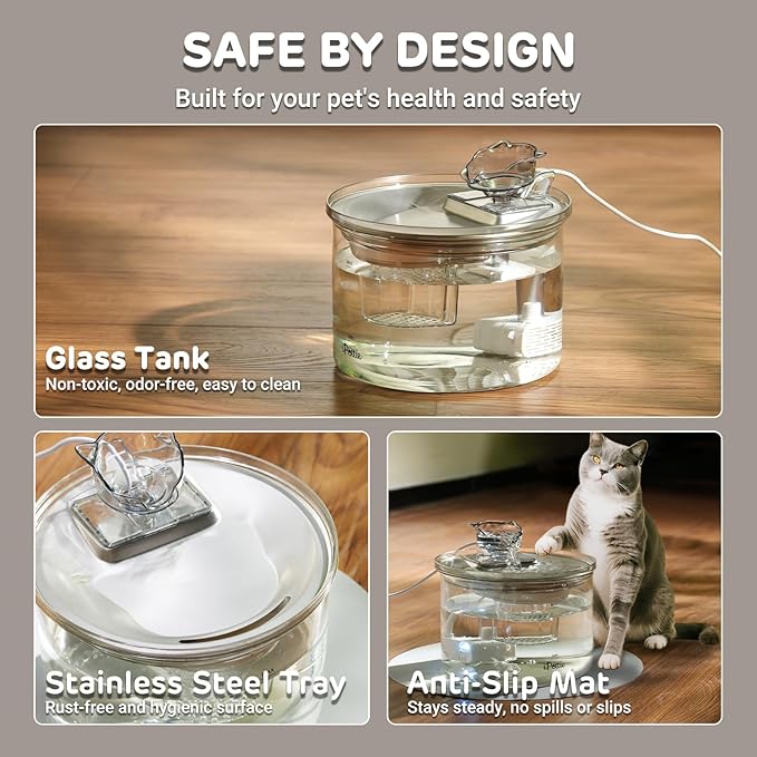 iPettie Glass Cat Water Fountain, Kitty Spout Water Fountain 68oz/2L for Cats Dogs with 2 Spray Heads, 3-Stage Filtration, Automatic Water Dispenser, Glass & Stainless Steel
