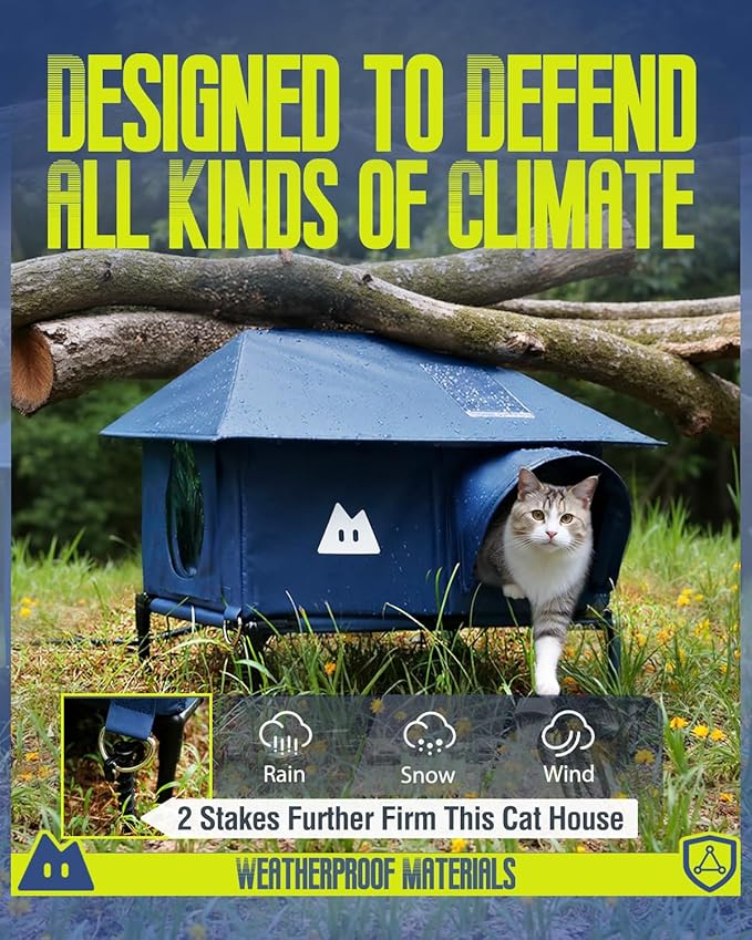 Heated Cat House for Outside Cats Winter, Large Hip Roof 100% Waterproof Outdoor Cat House, Elevated Base, Weatherproof Insulated Shelter for Stray Feral Barn Cat (Dark Blue, 20" Lx16 Wx14 H)