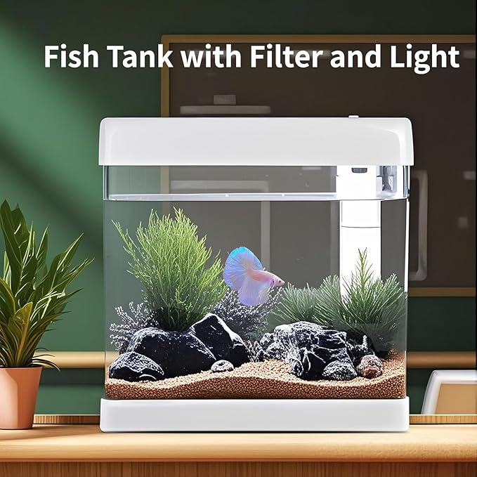 Small Fish Tank,5 Gallon Glass Aquarium Betta Fish Tank Starter Kit with Filter and LED Light.（White）