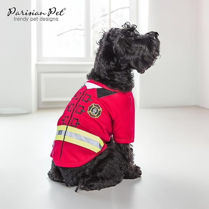 Parisian Pet Embroidered Firefighter Dog Costume - 100% Cotton & Polyester, Sleeved, Medium Dog Size, Red, Lightweight