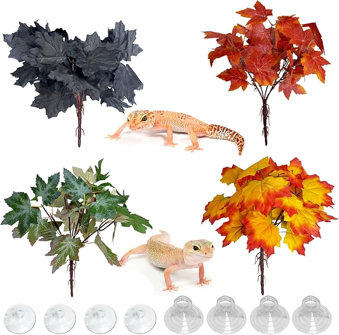 kathson Reptile Terrarium Plants Hanging Artificial Plants Lizards Habitat Decorations with Suction Cups Pets Tank Fake Green Plastic Silk Cloth Ornament for Amphibians Bearded Dragon(4PCS, Style B