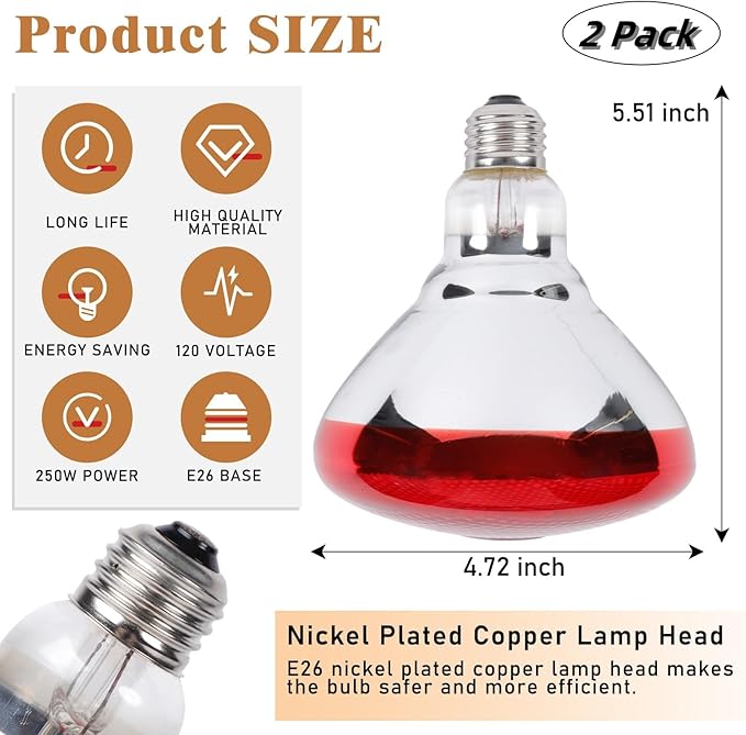 250W Red Heat Lamp Bulbs for Chicken,Infrared Flood Light Heat Lamp Bulb, Incandescent Light Heat Lamps for Chicks, Reptile, Pets, Par38 Glass E26 Base 2PCS