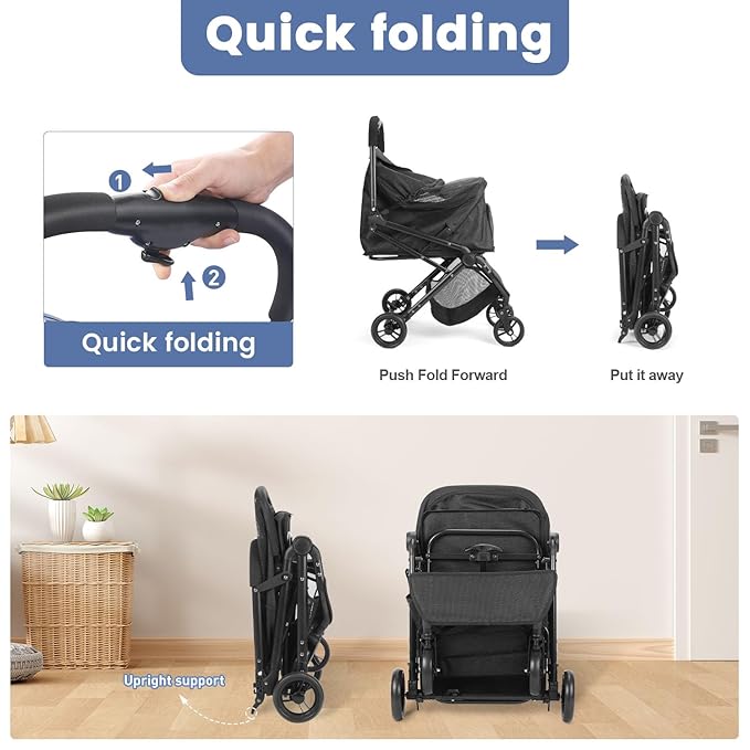 Wedyvko 3 in 1 Dog Stroller, Upgraded Frame, Pet Stroller for Medium Dogs, Shock Absorption, Luggage, Zipperless Entry, Storage Basket & Pouch, Cat Strollers with Dog Poop Bags & Dispenser (Black-p11)