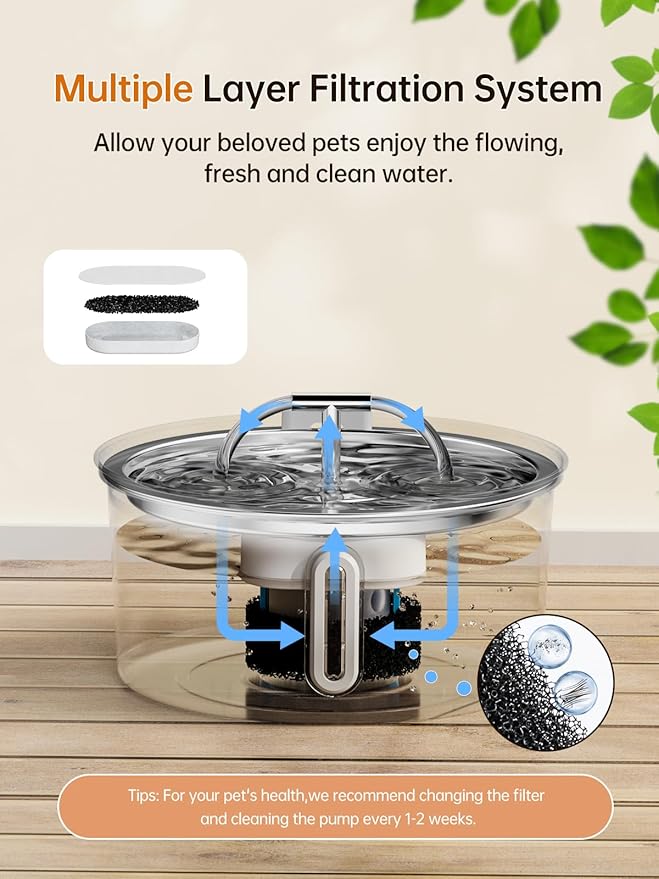 Cat Water Fountain Stainless Steel, 3.2L/108OZ Pet Water Fountain for Drinking,Automatic Metal Dog Water Fountain with 8 Filters & 8 Sponges,Quiet Pump,Dual-Stream for Cats, Dogs,Multiple Pets Indoor