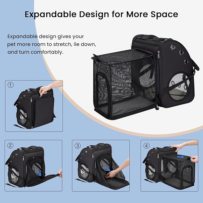 Cat Carrier Backpack, Expandable Pet Carrier Backpack for Cats, Dogs and Small Animals, Portable Pet Travel Backpack, Airline Approved, Ideal for Traveling/Hiking/Camping, Black, XL