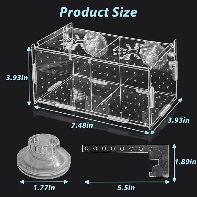 PINVNBY Acrylic Fish Breeding Box，Guppy breeding Box Acrylic Fish Isolation Box Aquarium Incubator with Suction Cups for Guppy Shrimp Small Baby Fishes（7.87 x 3.9 x 3.9 in）