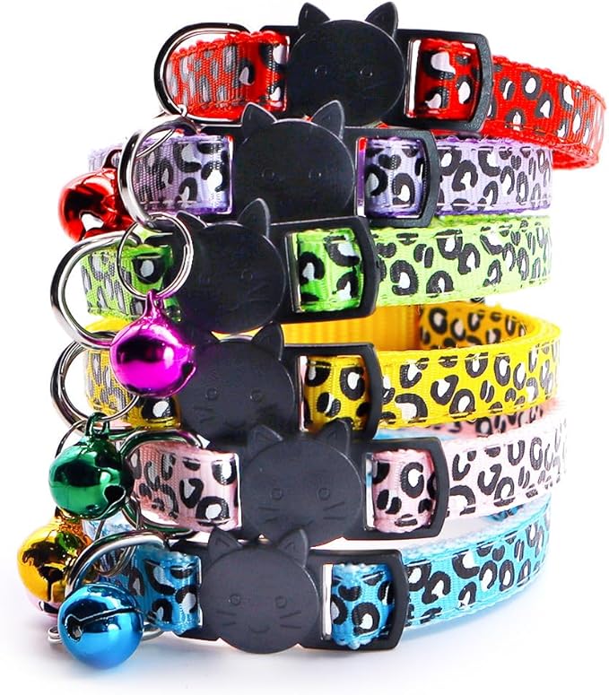 Reflective 2 Pack Breakaway Cat Collars with Bell Leopard Pattern Cute Kitty Adjustable 7.5-12.5 Inch Safe Kitten Collars Charms (Blue)