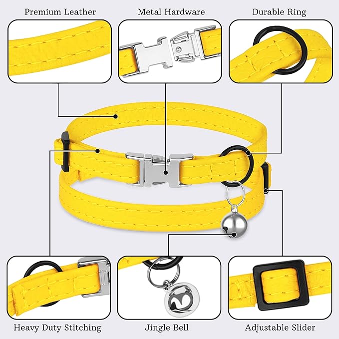 Leather Cat Collar with Buckle and Removable Bell - Non Breakaway Adjustable Soft Safety Small Pet Collars for Girl Boy Cats Kitten (Yellow)