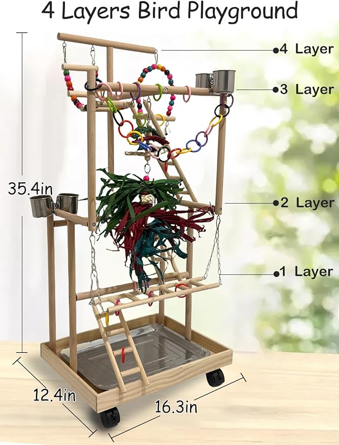 4-Tier Large Wooden Bird Playground with Wheels, Natural Wood Parrot Play Stand Birds Perch Stand Gym with Ladder Toy Accessories for Cockatiel Cockatoo Quaker