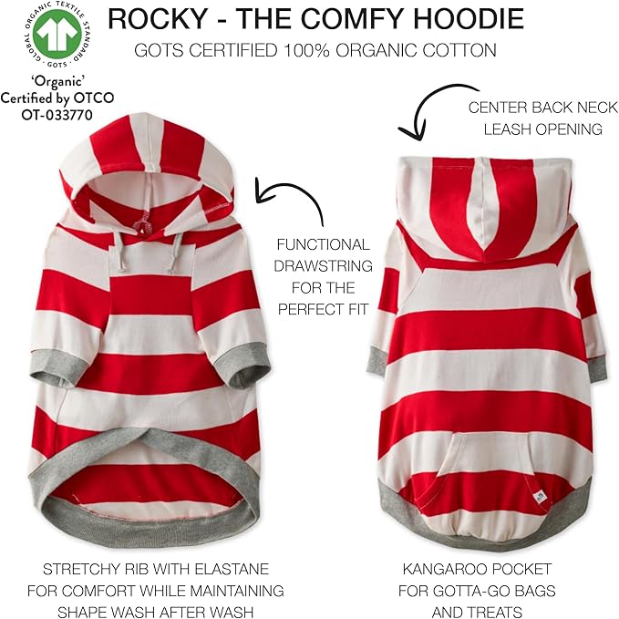 Rocky – The Orginal Lightweight Hooded TEE 100% Organic Cotton Dog Hoodie Pet Coat Sweater for Small, Medium, Large Dogs, Red Bold Stripe, XX-Small