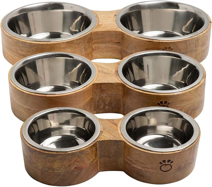 Luxury Elevated Dog Bowl Set - Mango Wood Stand with 2 Stainless Steel Food & Water Bowls - Raised Pet Feeder with Non-Slip Base, Modern Design for All Dog Sizes, Small 10oz